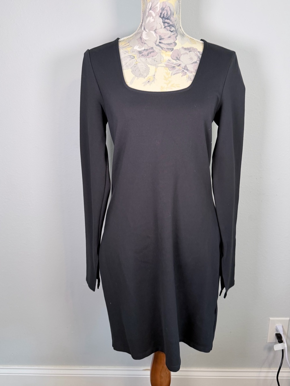 ABERCROMBIE & FITCH Long Sleeve Black Mini Dress Square Neck Stretch Large-Tall - Picture 2 of 9